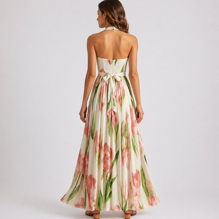 Women's Fall Wedding Guest Dresses Floral Halter Pleated Maxi Dress