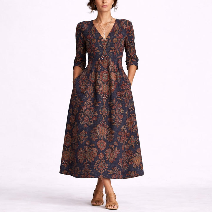 Women's Fall Wedding Guest Dresses Floral V-Neck Midi A-Line - Multicolor