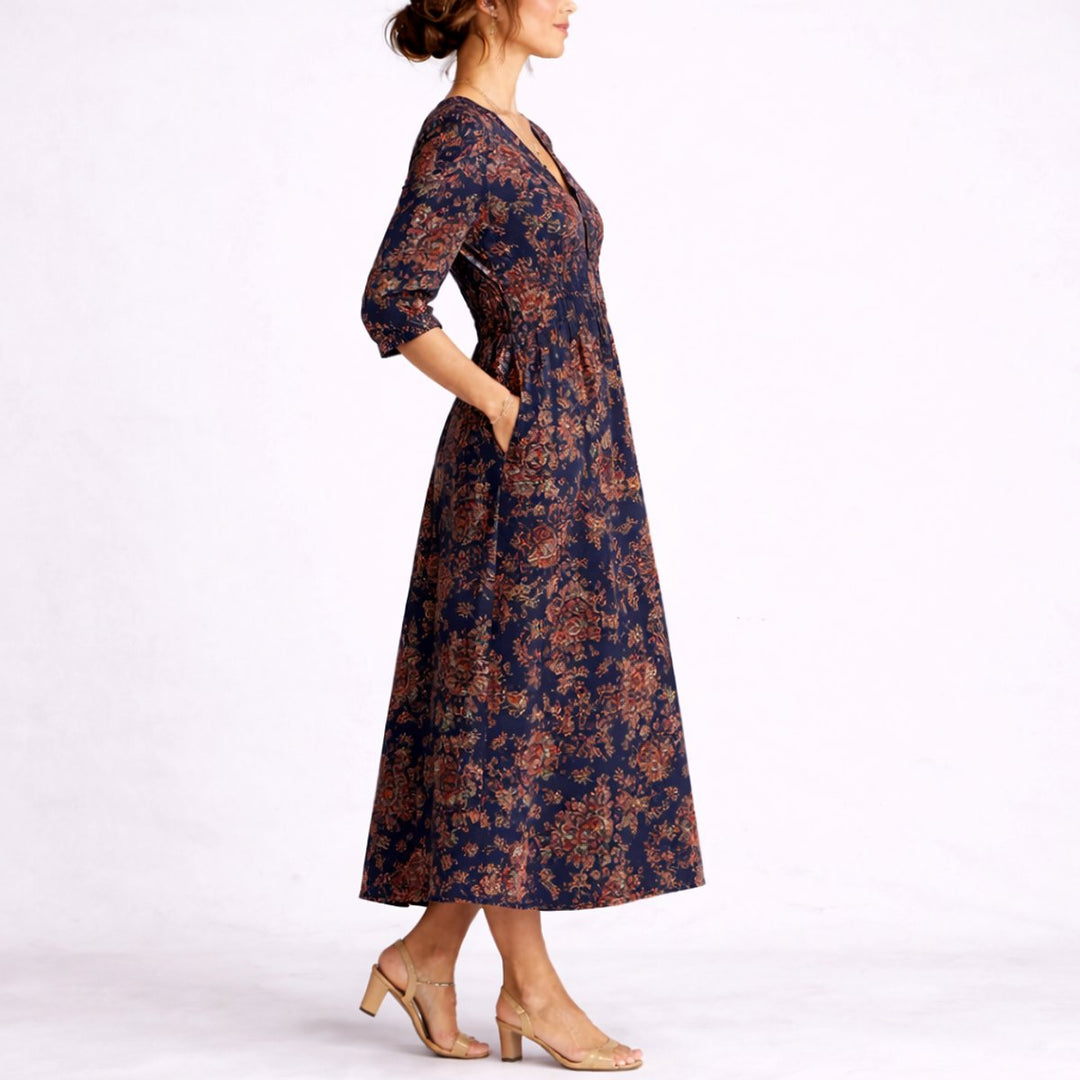 Women's Fall Wedding Guest Dresses Floral V-Neck Midi A-Line