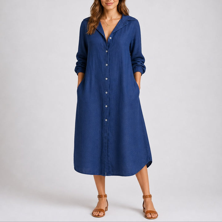 Women's Fall Wedding Guest Dresses Long Sleeve Button-Front Midi Shirt Dress - Blue