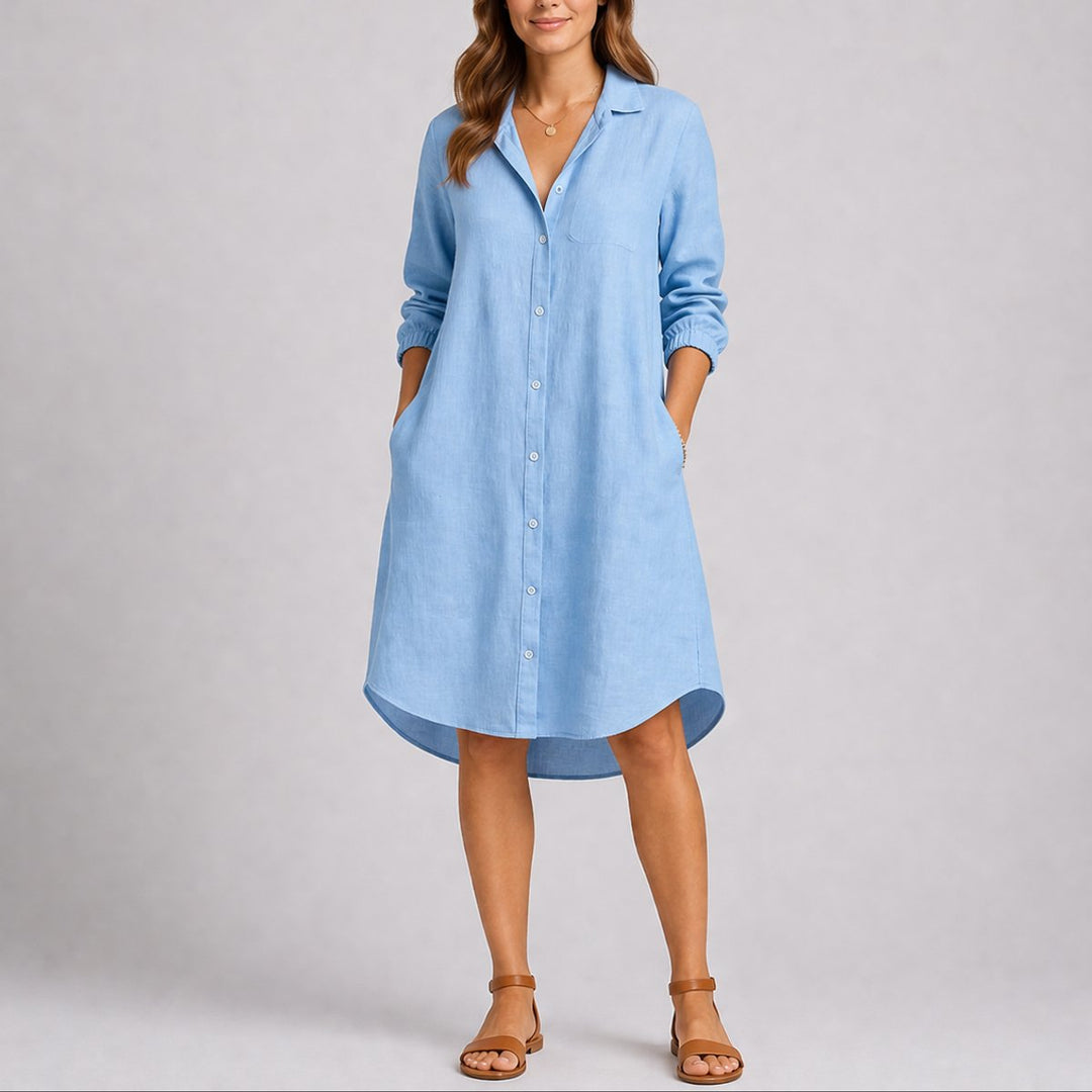 Women's Fall Wedding Guest Dresses Long Sleeve Button-Front Midi Shirt Dress - Light Blue