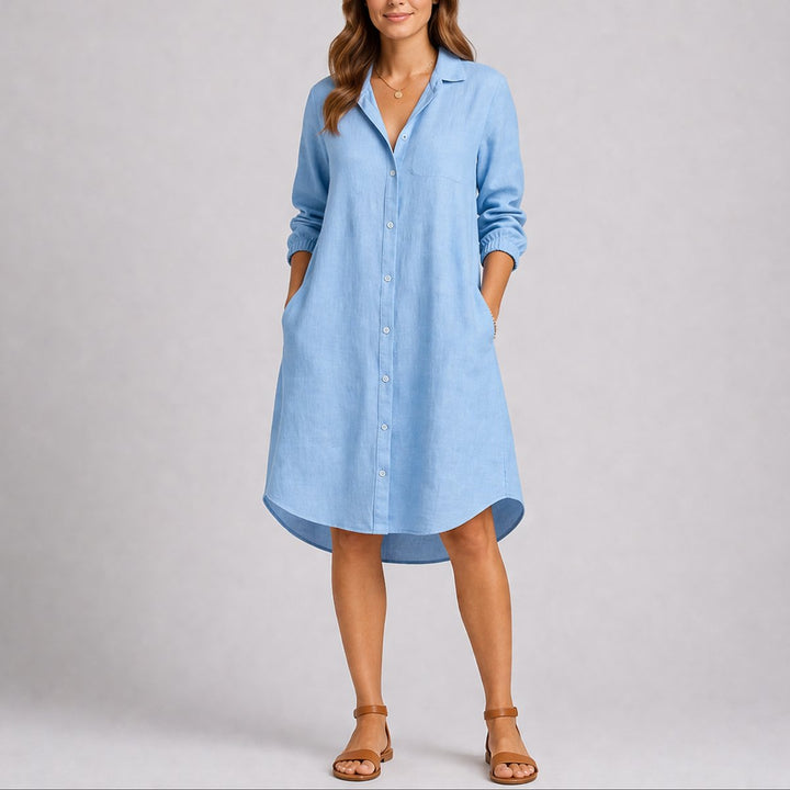 Women's Fall Wedding Guest Dresses Long Sleeve Button-Front Midi Shirt Dress - Light Blue