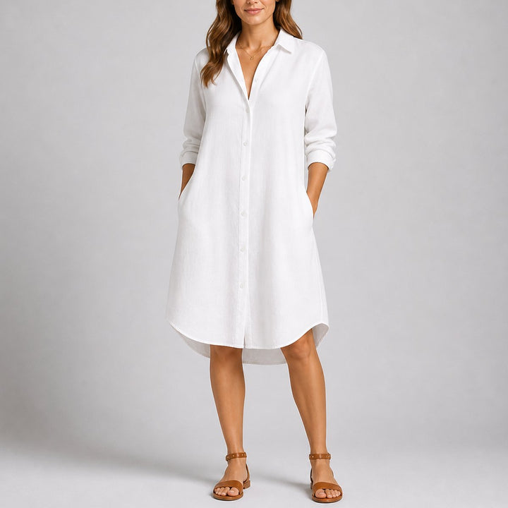 Women's Fall Wedding Guest Dresses Long Sleeve Button-Front Midi Shirt Dress - White