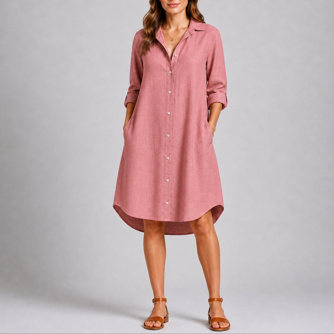 Women's Fall Wedding Guest Dresses Long Sleeve Button-Front Midi Shirt Dress - Pink