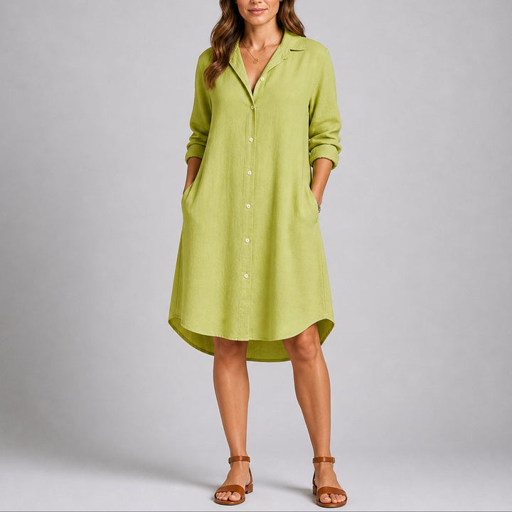 Women's Fall Wedding Guest Dresses Long Sleeve Button-Front Midi Shirt Dress - Green