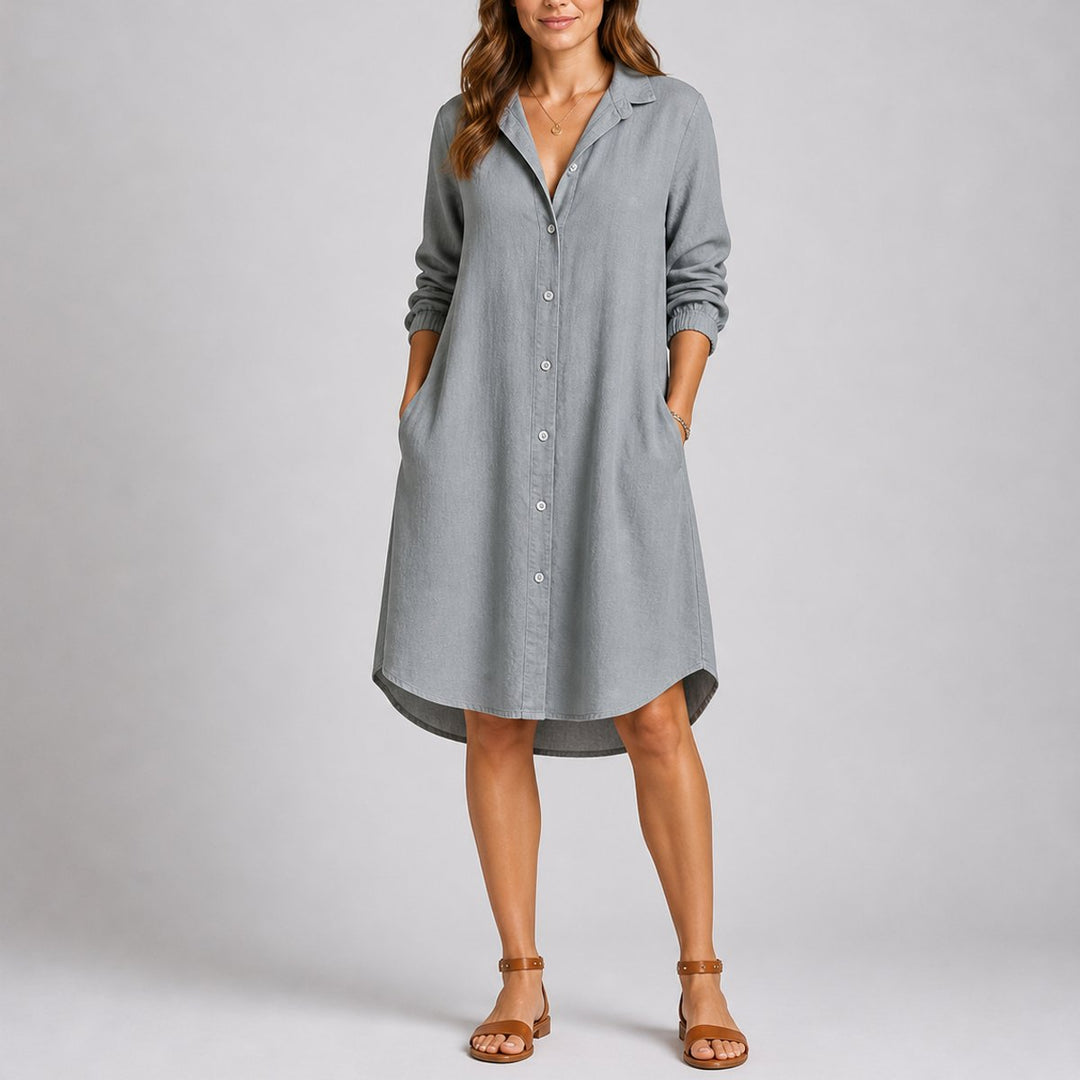Women's Fall Wedding Guest Dresses Long Sleeve Button-Front Midi Shirt Dress - Gray