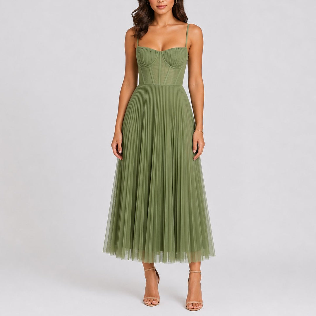 Women's Fall Wedding Guest Dresses Pleated Tulle Midi Corset Dress - Green
