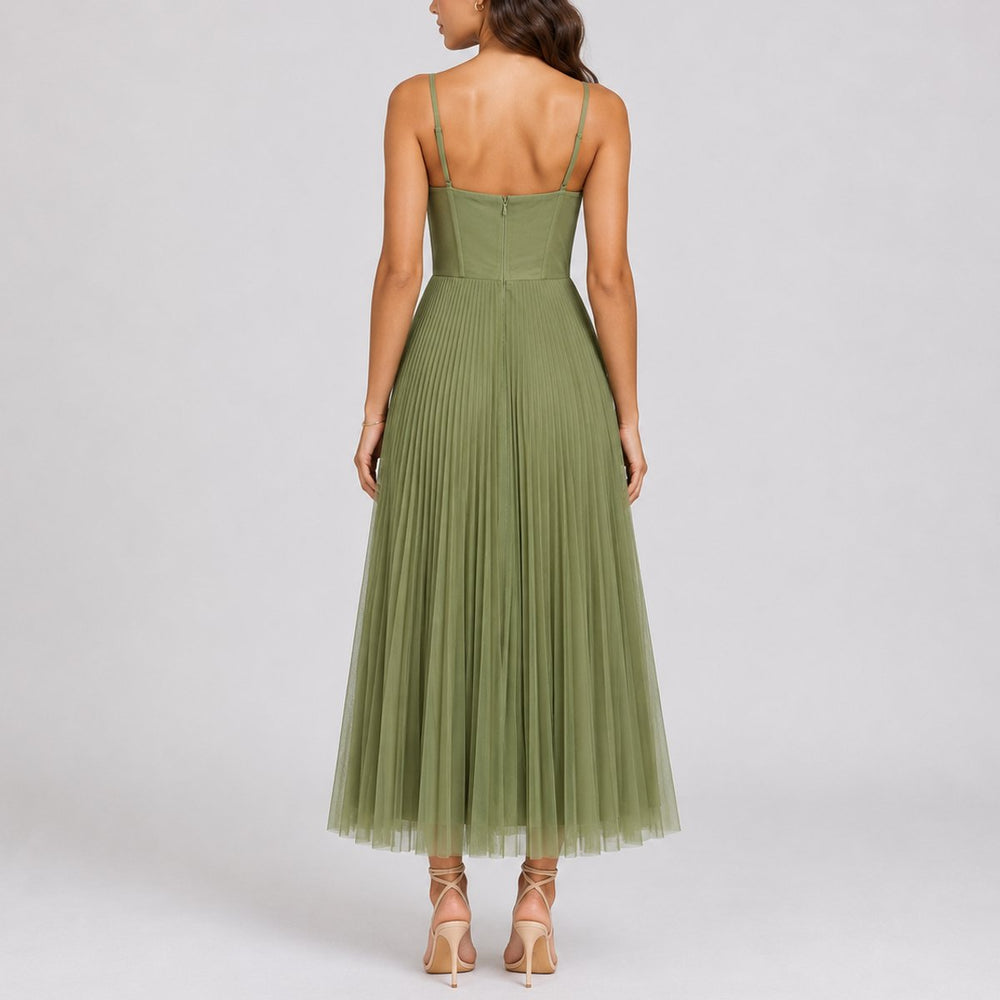 Women's Fall Wedding Guest Dresses Pleated Tulle Midi Corset Dress