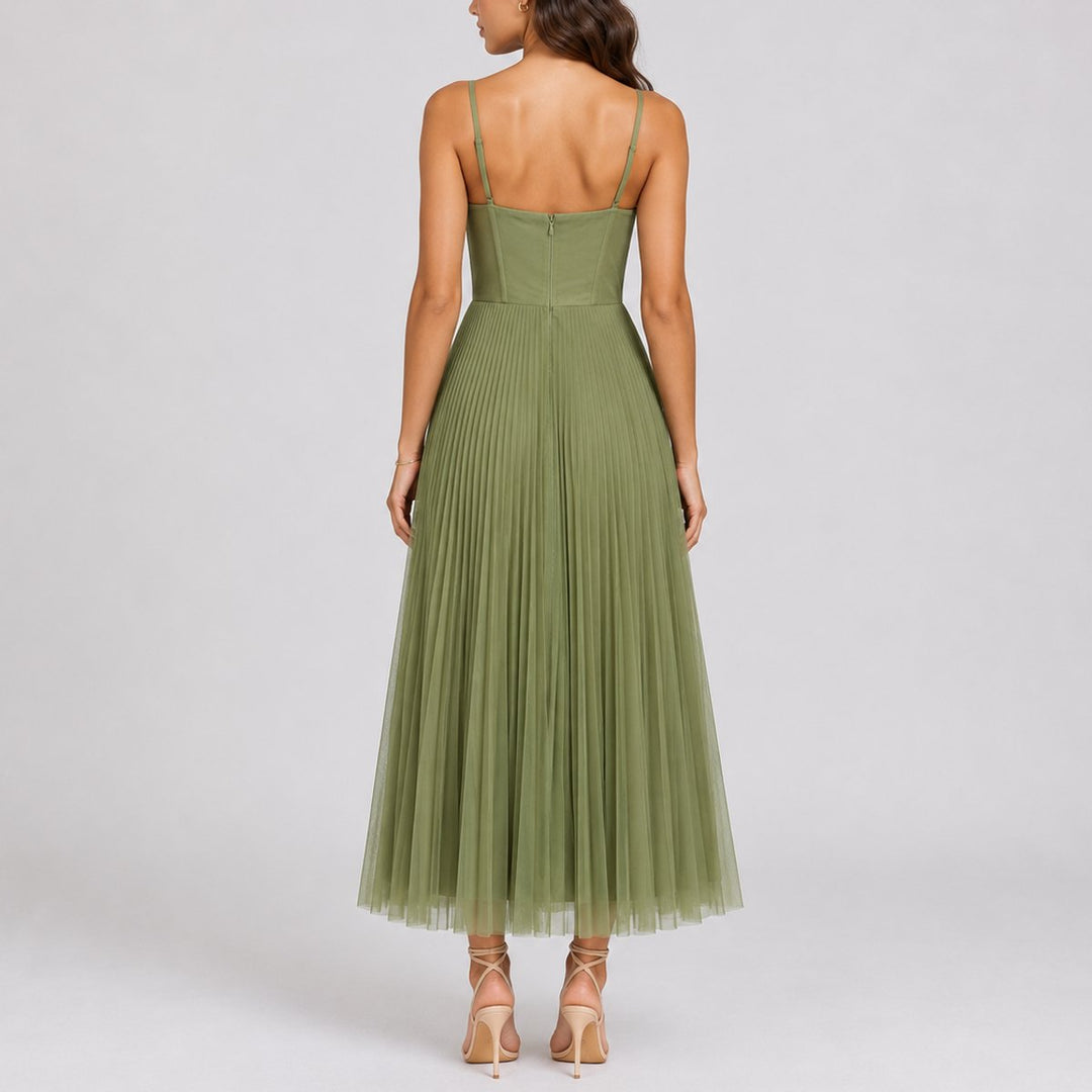 Women's Fall Wedding Guest Dresses Pleated Tulle Midi Corset Dress