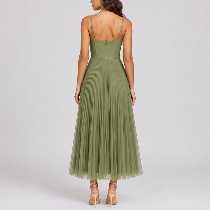 Women's Fall Wedding Guest Dresses Pleated Tulle Midi Corset Dress