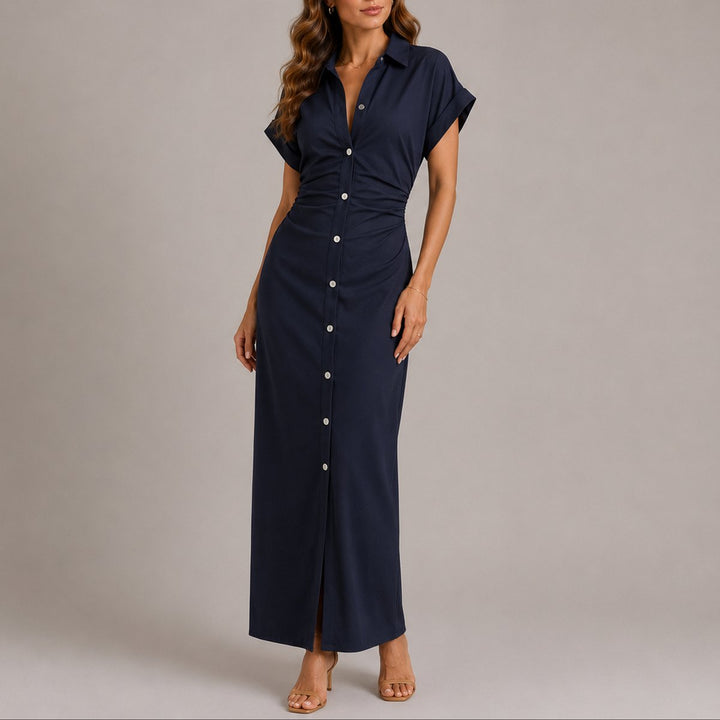 Women's Fall Wedding Guest Maxi Button-Down Shirt Dress - Navy