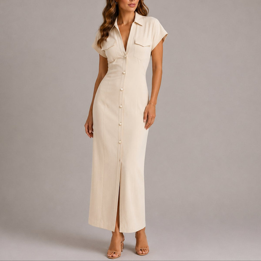 Women's Fall Wedding Guest Maxi Button-Down Shirt Dress - Beige