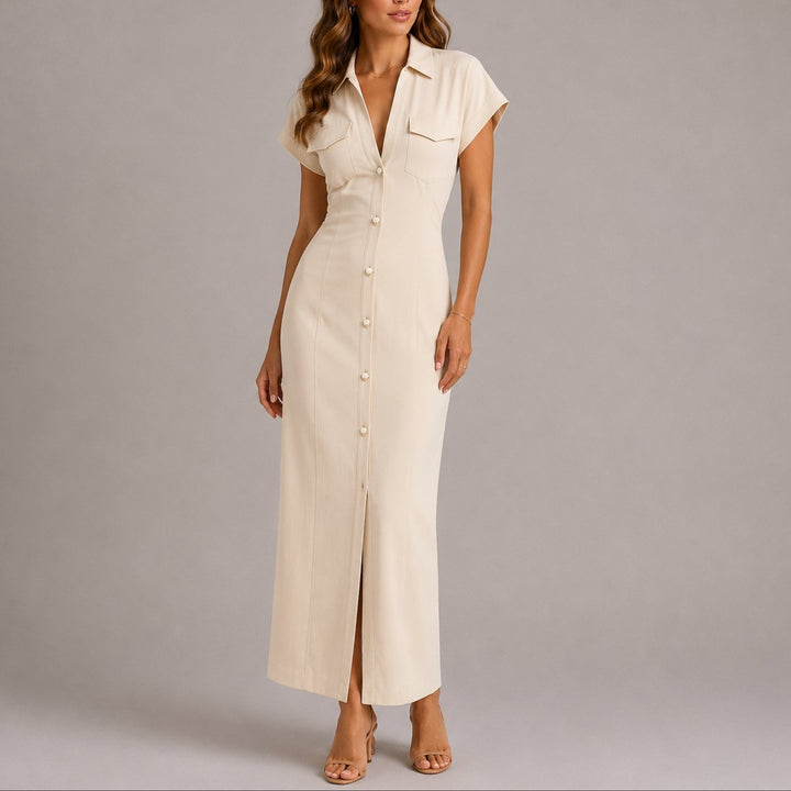 Women's Fall Wedding Guest Maxi Button-Down Shirt Dress - Beige