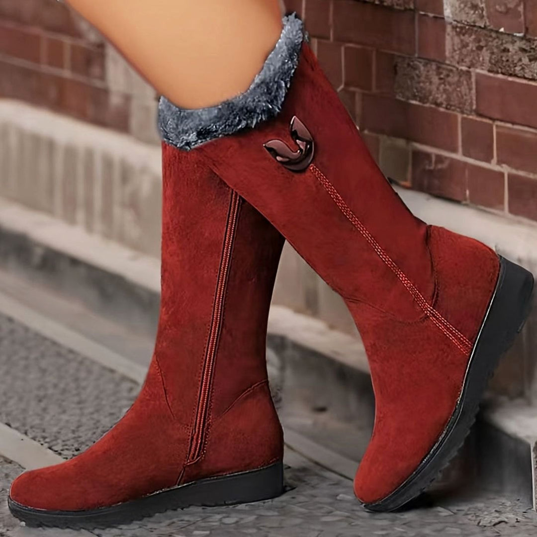 Women's Faux-Fur Cuffed Slip-On Mid-Calf Snow Boots - Red