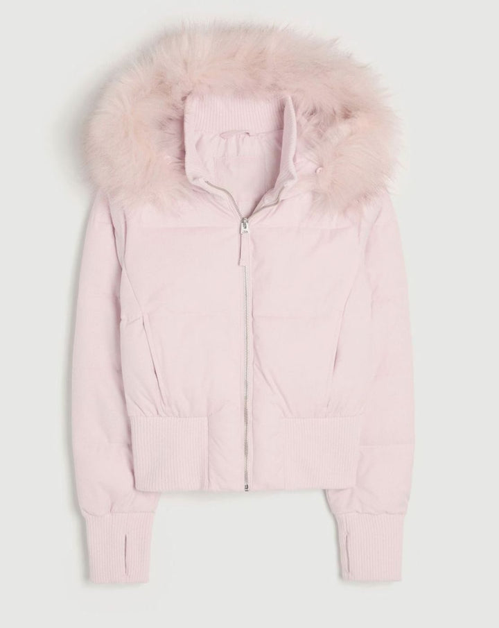 Women's Faux-Fur Trim Zip-Up Cropped Puffer Hooded Jacket - Pink