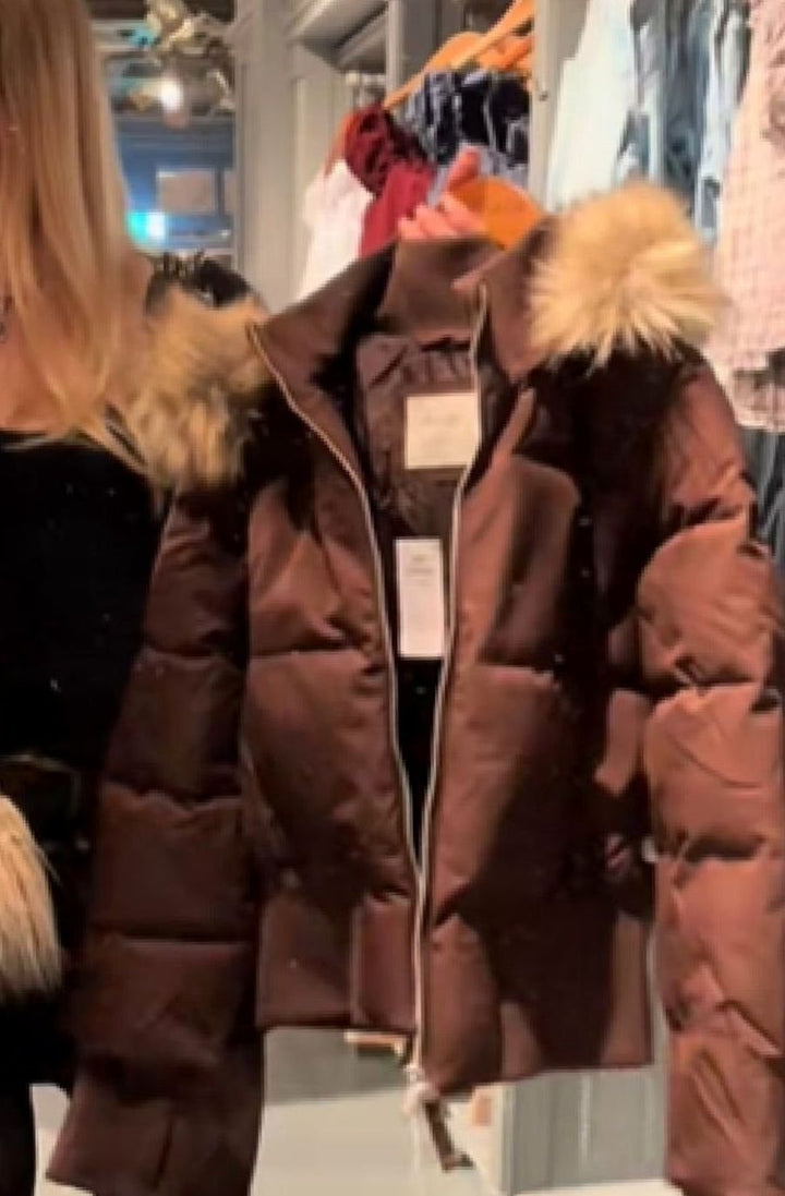Women's Faux-Fur Trim Zip-Up Cropped Puffer Hooded Jacket - Brown