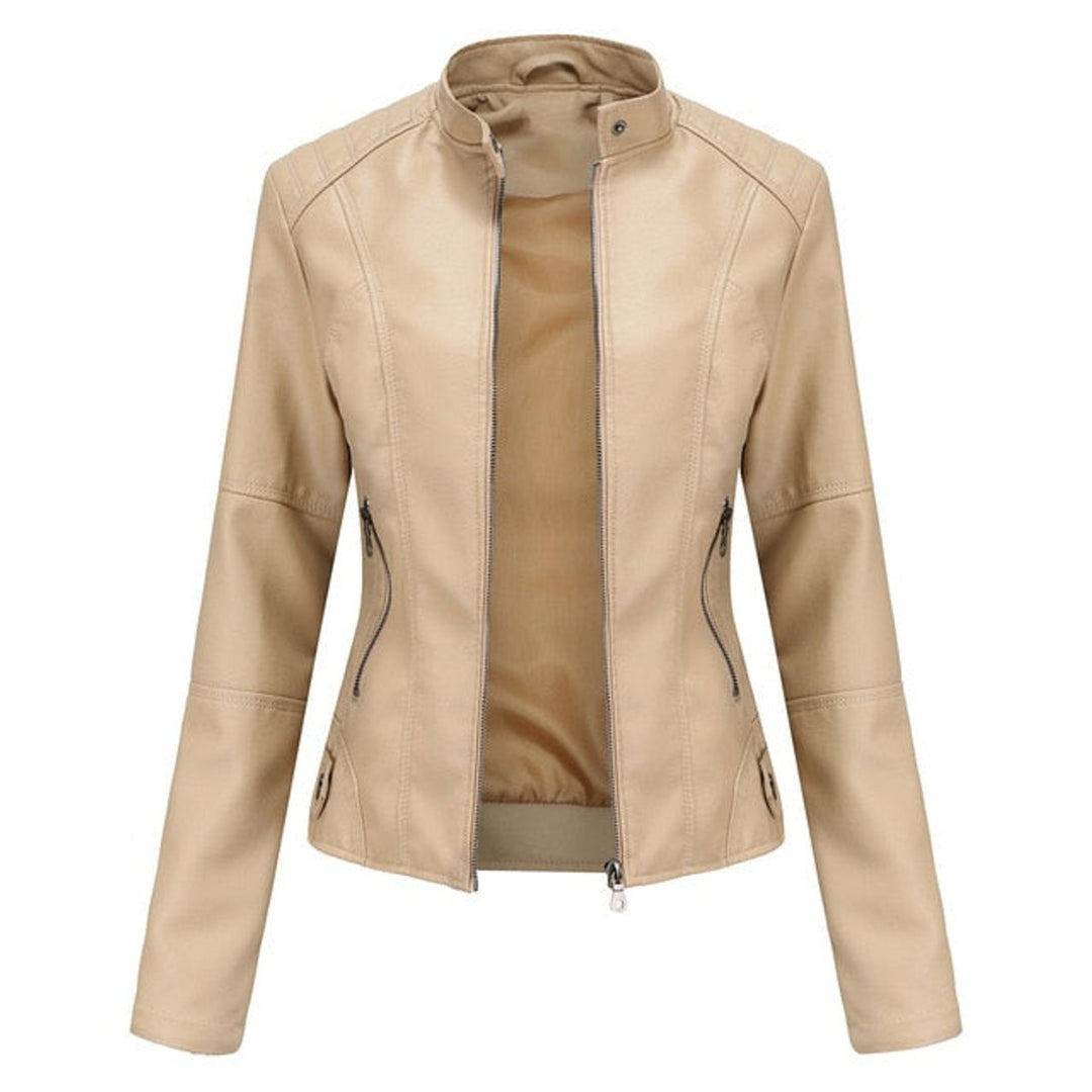 Women's Faux Leather Jacket Stand Collar Full-Zip Moto - Beige