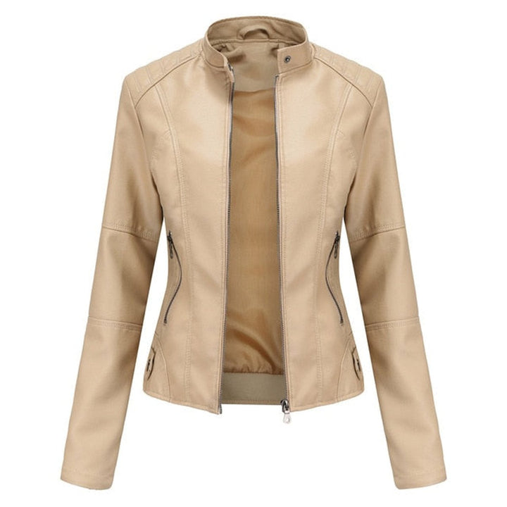 Women's Faux Leather Jacket Stand Collar Full-Zip Moto - Beige