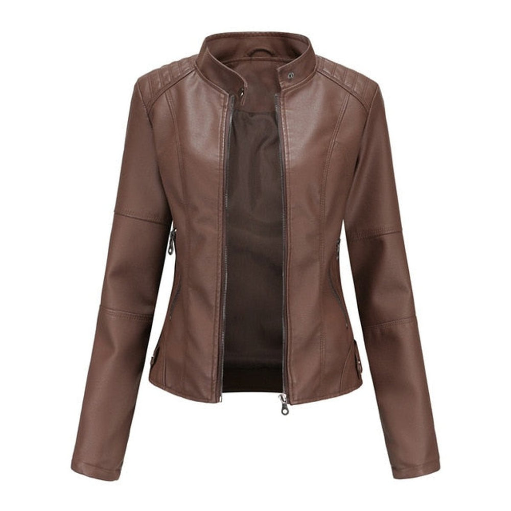 Women's Faux Leather Jacket Stand Collar Full-Zip Moto - Brown