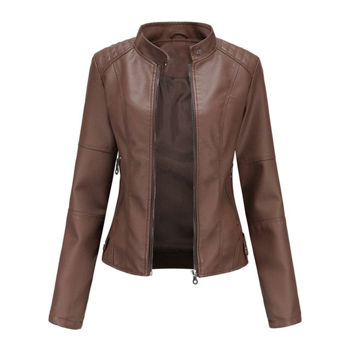 Women's Faux Leather Jacket Stand Collar Full-Zip Moto - Brown