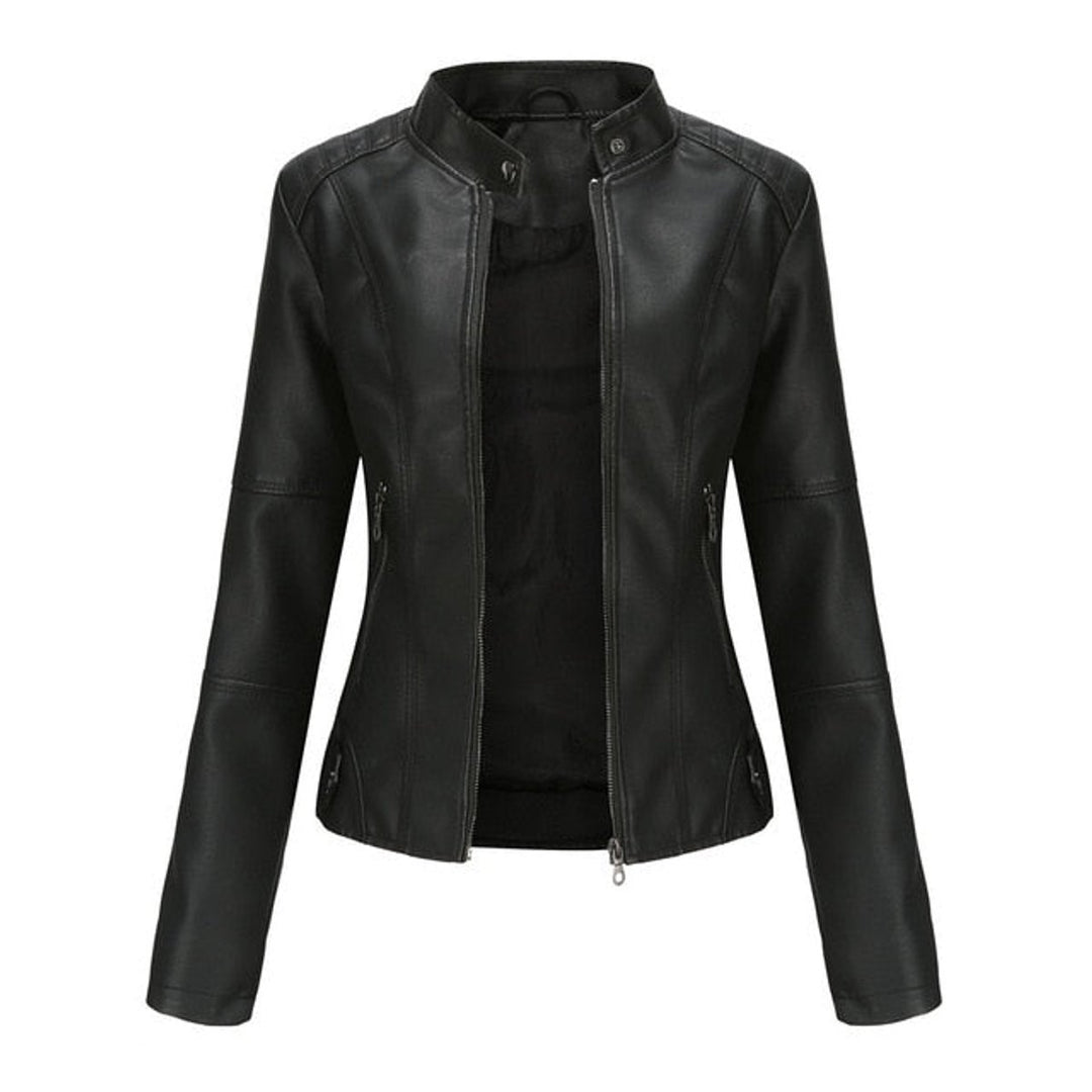 Women's Faux Leather Jacket Stand Collar Full-Zip Moto - Black