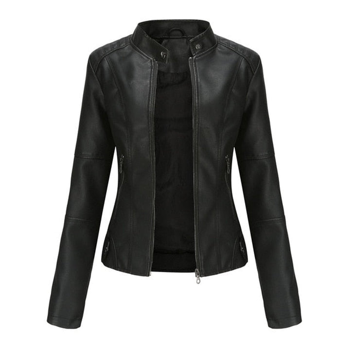 Women's Faux Leather Jacket Stand Collar Full-Zip Moto - Black