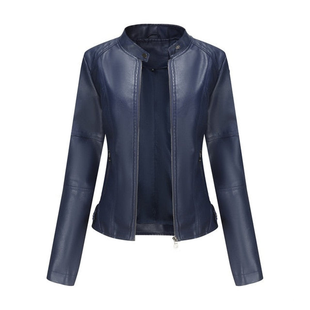 Women's Faux Leather Jacket Stand Collar Full-Zip Moto - Blue