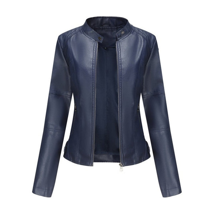 Women's Faux Leather Jacket Stand Collar Full-Zip Moto - Blue