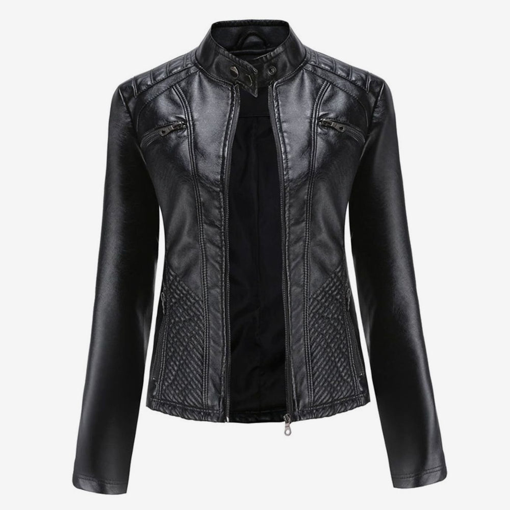 Women's Faux Leather Quilted Zip-Up Biker Jacket - Black