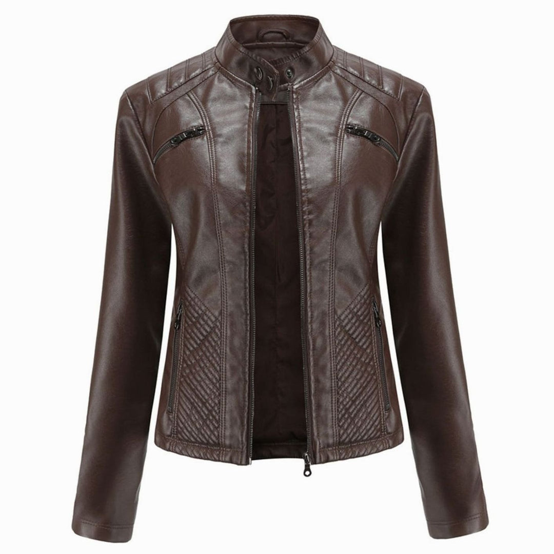 Women's Faux Leather Quilted Zip-Up Biker Jacket - Coffee