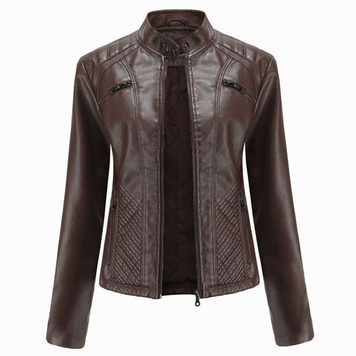 Women's Faux Leather Quilted Zip-Up Biker Jacket - Coffee