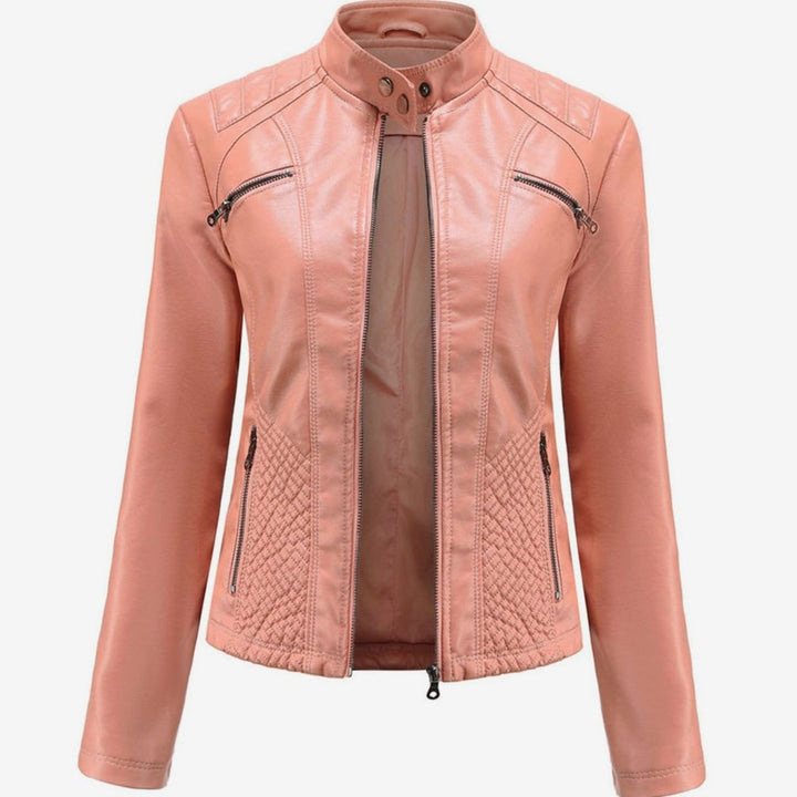Women's Faux Leather Quilted Zip-Up Biker Jacket - Pink