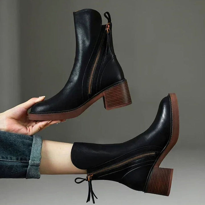 Women's Faux Leather Side-Zip Block Heel Ankle Boots - Black