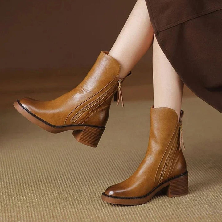 Women's Faux Leather Side-Zip Block Heel Ankle Boots - Brown