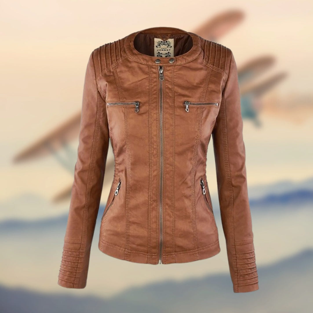 Women's Faux Leather Zip-Up Moto Biker Jacket - Gold