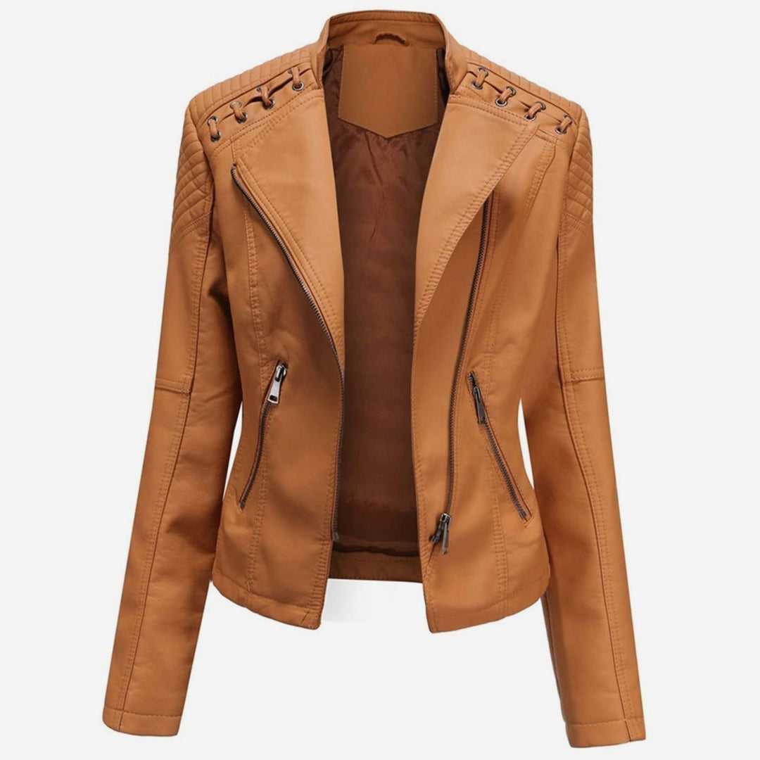 Women's Faux Leather Zipper Front Moto Jacket - Camel