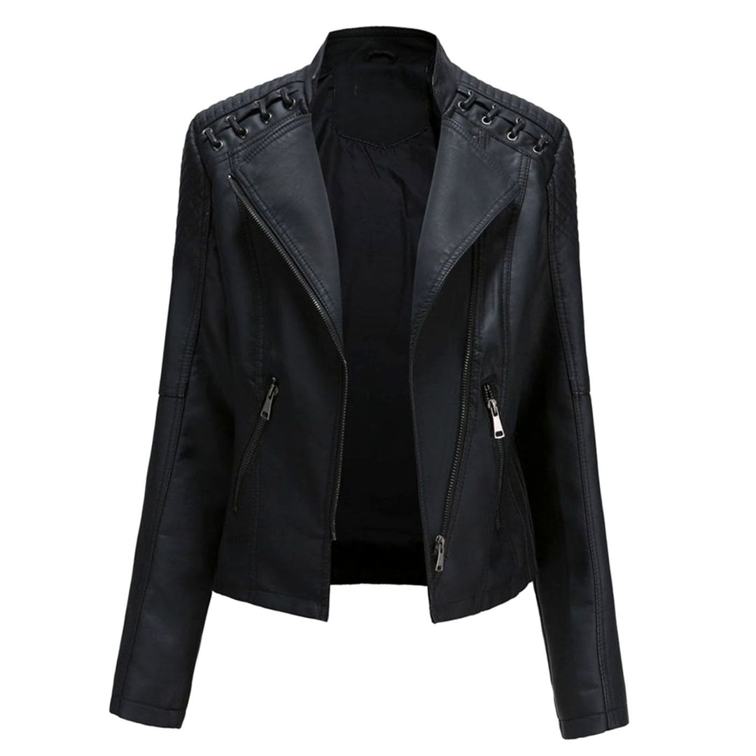 Women's Faux Leather Zipper Front Moto Jacket - Black