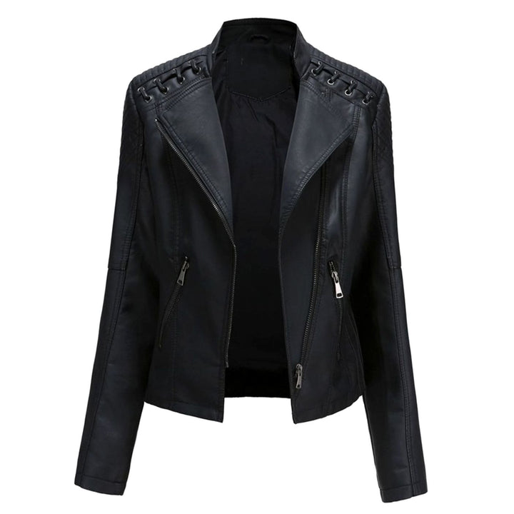 Women's Faux Leather Zipper Front Moto Jacket - Black