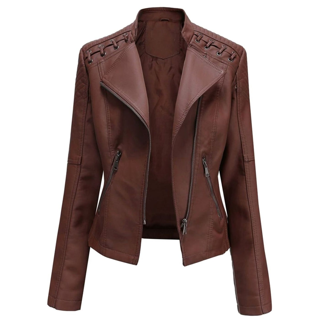 Women's Faux Leather Zipper Front Moto Jacket - Coffee