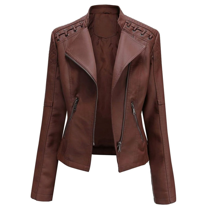 Women's Faux Leather Zipper Front Moto Jacket - Coffee