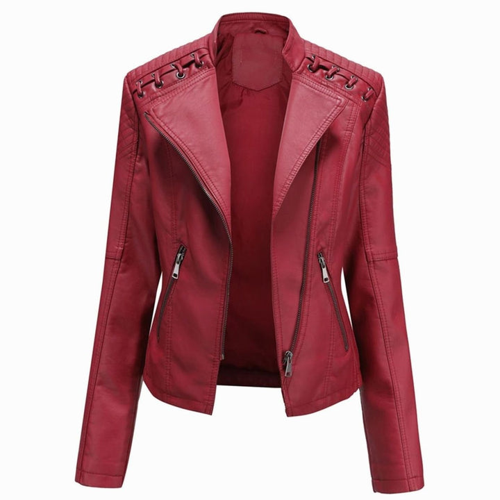 Women's Faux Leather Zipper Front Moto Jacket - Burgundy