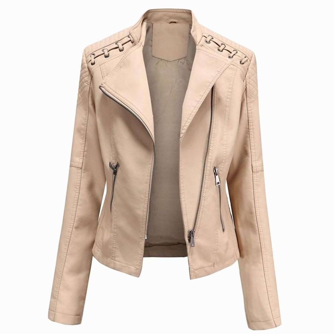 Women's Faux Leather Zipper Front Moto Jacket - Khaki
