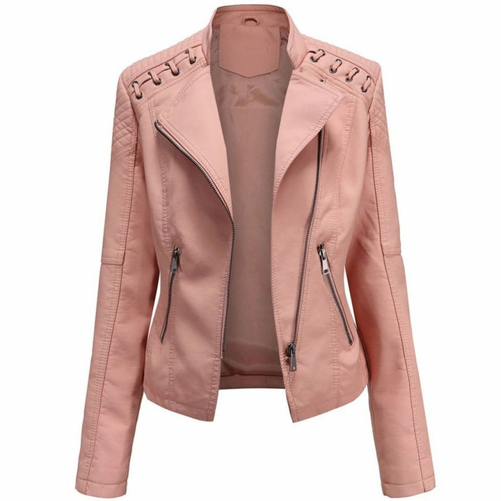Women's Faux Leather Zipper Front Moto Jacket - Pink