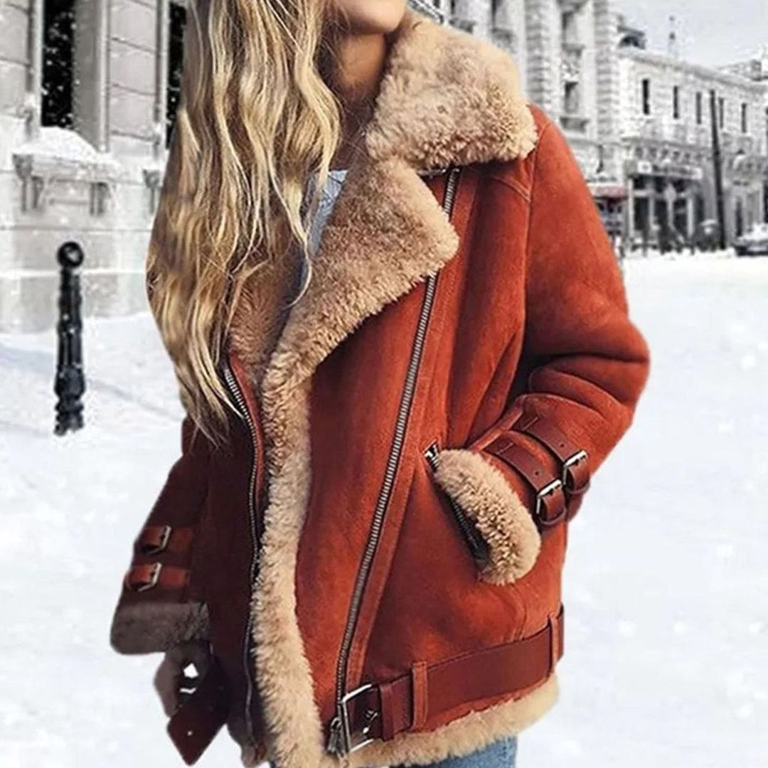 Women's Faux Shearling Lined Belted Suede Moto Jacket - Orange