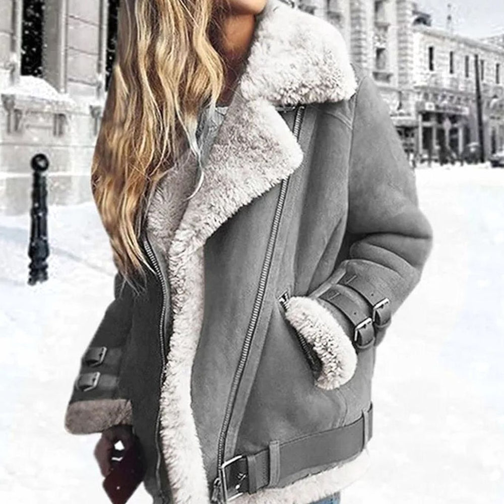 Women's Faux Shearling Lined Belted Suede Moto Jacket - Grey
