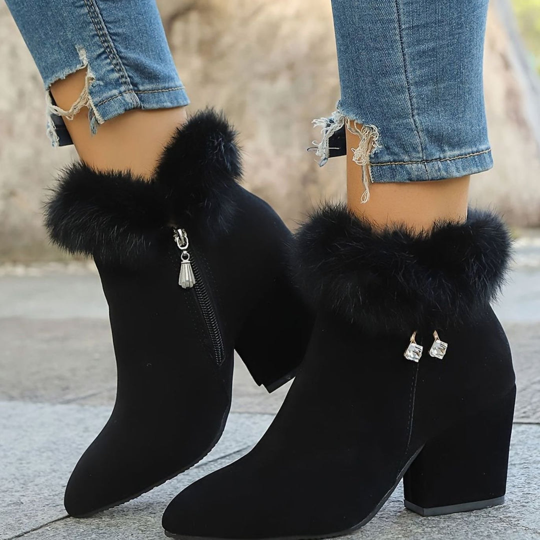 Women's Faux-Suede Fur-Trim Block-Heel Ankle Boots - Black