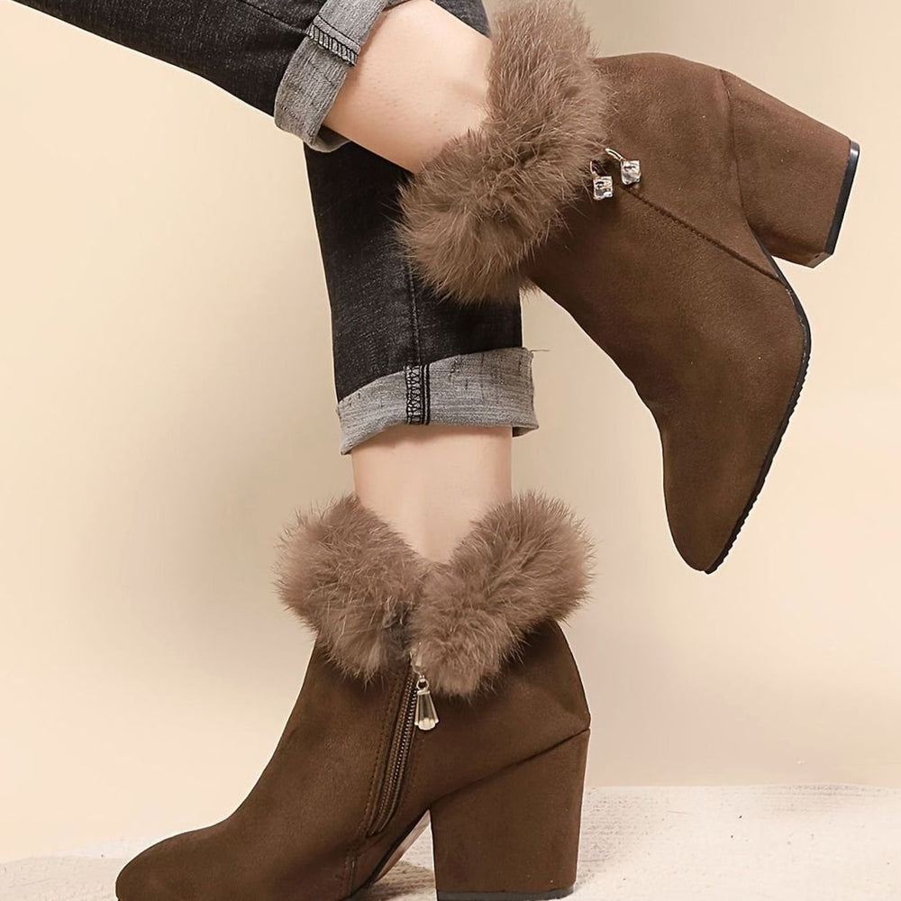 Women's Faux-Suede Fur-Trim Block-Heel Ankle Boots