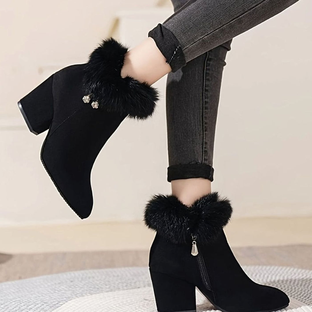 Women's Faux-Suede Fur-Trim Block-Heel Ankle Boots