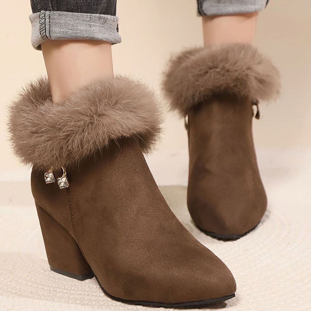 Women's Faux-Suede Fur-Trim Block-Heel Ankle Boots - Dark Brown