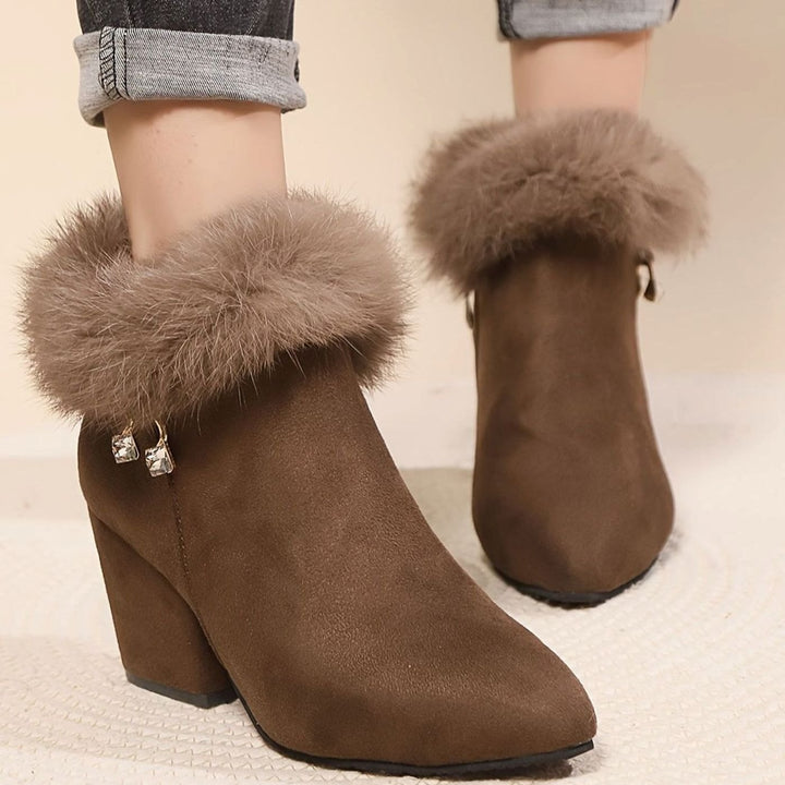 Women's Faux-Suede Fur-Trim Block-Heel Ankle Boots - Dark Brown